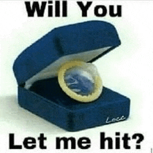 a condom is in a blue box with the words `` will you let me hit '' written on it .