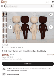 a screenshot of the etsy website showing a doll body beige and dark chocolate doll body