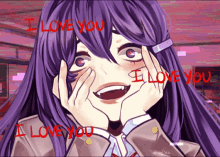 a picture of a girl with purple hair that says i love you on it