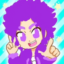 a cartoon character with purple hair and a purple jacket is giving a thumbs up .