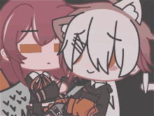 a drawing of a girl with a cat ear and a boy with white hair