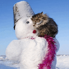 a cat is sitting on top of a snowman with pink tinsel around its neck