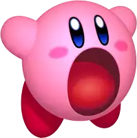 a pink kirby with a red ball in its mouth