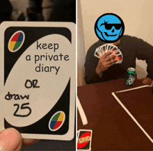 a person holding a card that says keep a private diary or draw 25