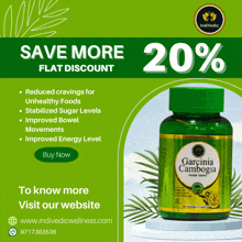 a green and yellow bottle of garcinia cambogia