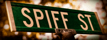 a green street sign says spiff st. in white letters