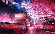 a painting of a street with cherry blossom trees and a moon in the background