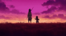 a man holding a sword stands next to a little girl in a field