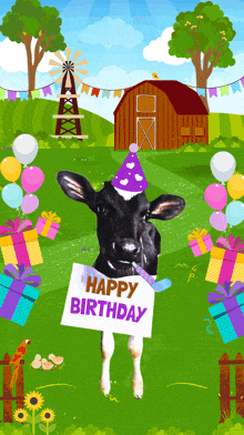 a cow wearing a party hat is holding a happy birthday sign