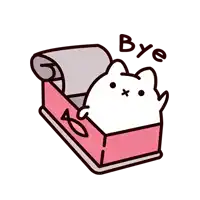 a cartoon cat is laying in a pink box with the word bye above it