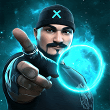 a man wearing a beanie with an x on it points at something