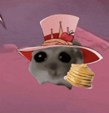 a hamster wearing a top hat holds a stack of pancakes