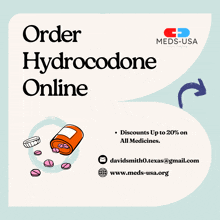 an advertisement for order hydrocodone online with a bottle of pills