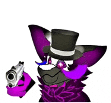 a purple furry character wearing a top hat and holding a gun .