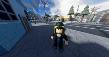 a roblox character wearing a black helmet and a green hat stands in a city street