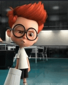 a cartoon boy with red hair and glasses is holding a bag