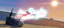 a neon sign for los santos is lit up on a beach