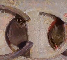 a close up of a painting of a person 's eyes and tongue