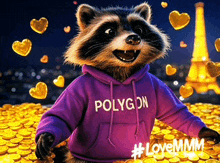 a raccoon wearing a purple polygon sweatshirt