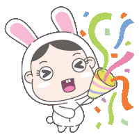 a cartoon of a girl in a bunny costume holding a colorful confetti cannon