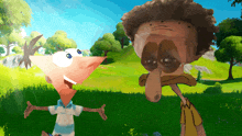 perry the platypus and edward the squid are standing in a grassy field