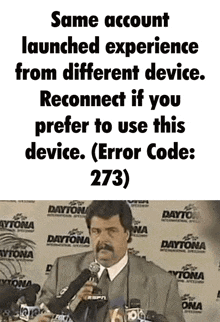 a man speaking into a microphone with the words " same account launched experience from different device reconnect if you prefer to use this device "