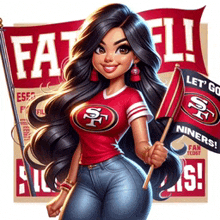 a girl in a san francisco 49ers shirt holding a flag