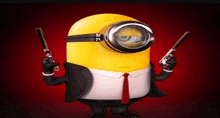 a yellow minion wearing a suit and tie holding two guns