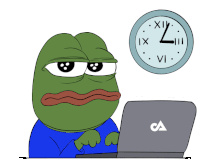 a frog with a laptop and a clock behind him that says xii