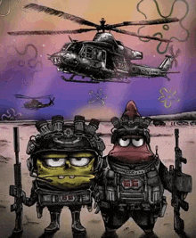 a cartoon drawing of spongebob and patrick in military uniforms