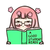 a girl with pink hair is reading a book that says " a good student reads "