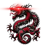 a red and black dragon on a white background with a red light behind it