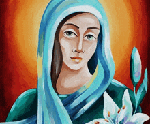 a painting of a woman wearing a blue veil and holding a flower .