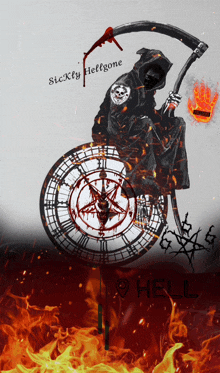 a grim reaper is sitting on a clock with a pentagram on it and the words sickly hellgone above him