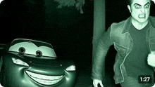 a man is running away from a car that is smiling in the dark