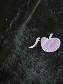 a drawing of an apple and a worm on a black furry surface