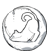 a black and white drawing of a cat sleeping on a crescent moon