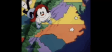 a cartoon character is flying over a map of the world .