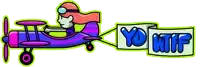 a cartoon of a person flying a plane with the words yo htf written on a banner