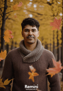 a man wearing a sweater and scarf is surrounded by autumn leaves and a remini logo