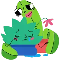 a cartoon illustration of a green plant with a pink flower in the background