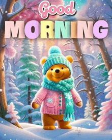 a winnie the pooh bear wearing a pink sweater and scarf is standing in the snow .