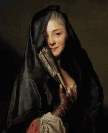 a painting of a woman covering her face with a black veil holding a fan