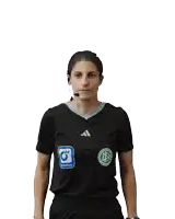 a female referee wearing a black shirt with the letter o on the front