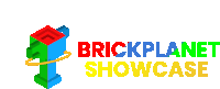 a colorful logo for brickplanet showcase with a trophy