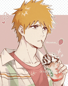 a drawing of a boy drinking a starbucks drink with a straw