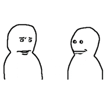 two cartoon characters are standing next to each other and talking to each other .