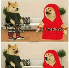 a doge wearing a red hood is talking to another doge wearing a black shirt .