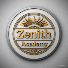 a logo for zenith academy is shown in gold and silver