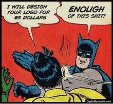 a cartoon of batman and robin talking about designing a logo